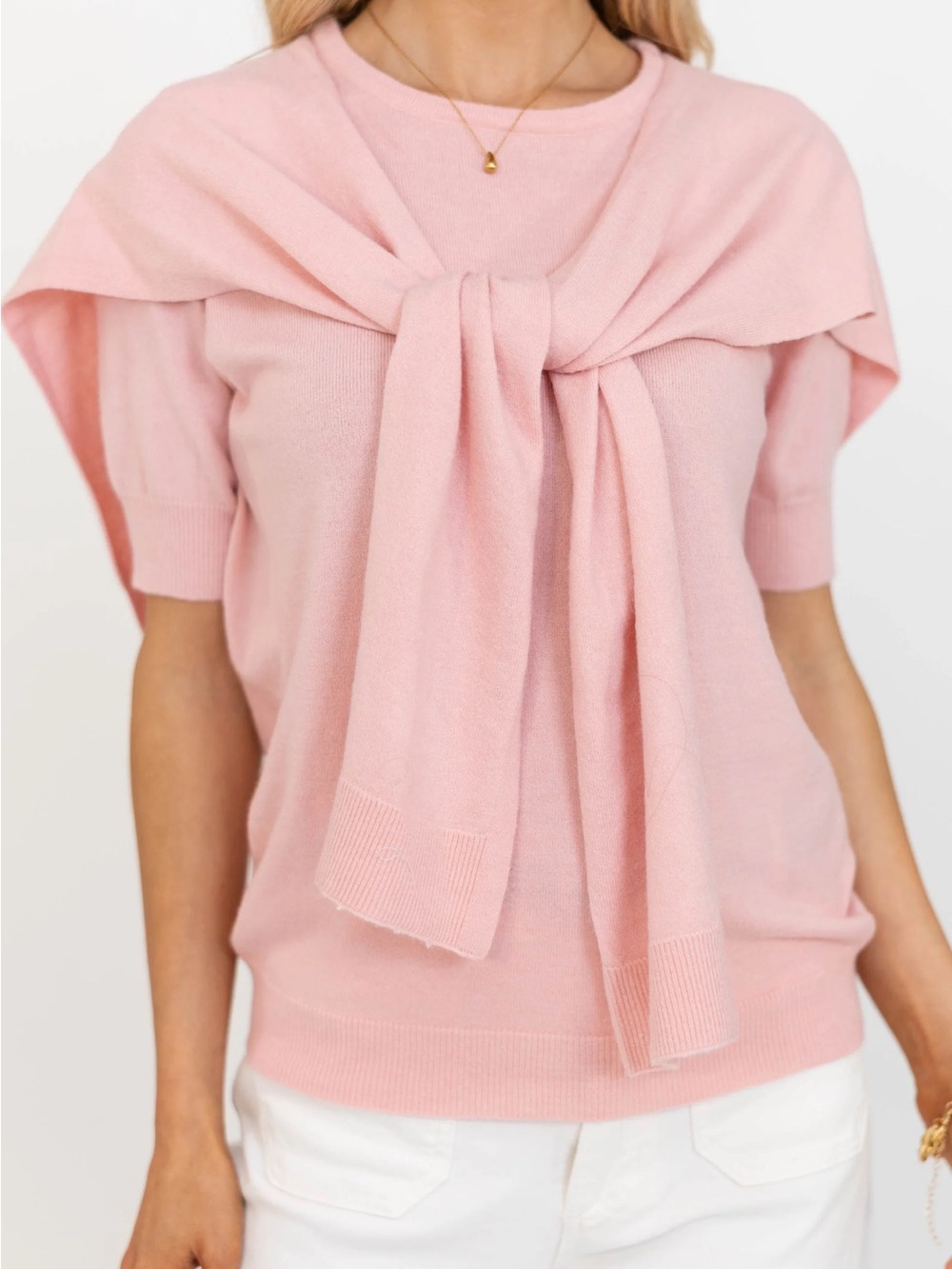 Soft Pink Short-Sleeve Knit Top with Shoulder Tie